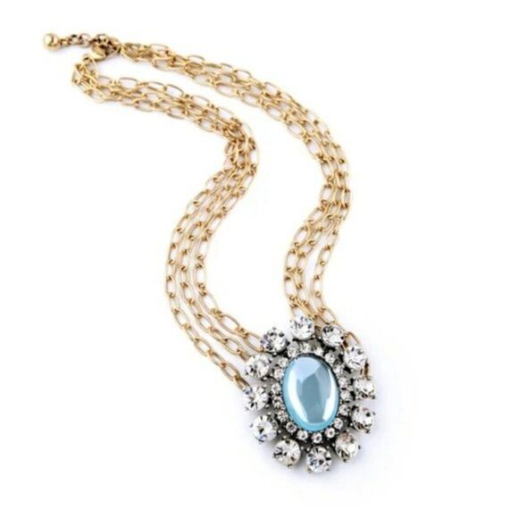 Blue Resin Rhinestone Crystal Floral 3 Layered Vintage Gold Pendant Necklace - Picture 3 of 8